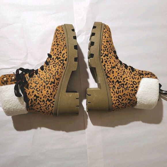 Olivia Miller Ariel Womens 8.5 Combat Boots Leopard Print Faux Suede- Fur Brown - Picture 7 of 14